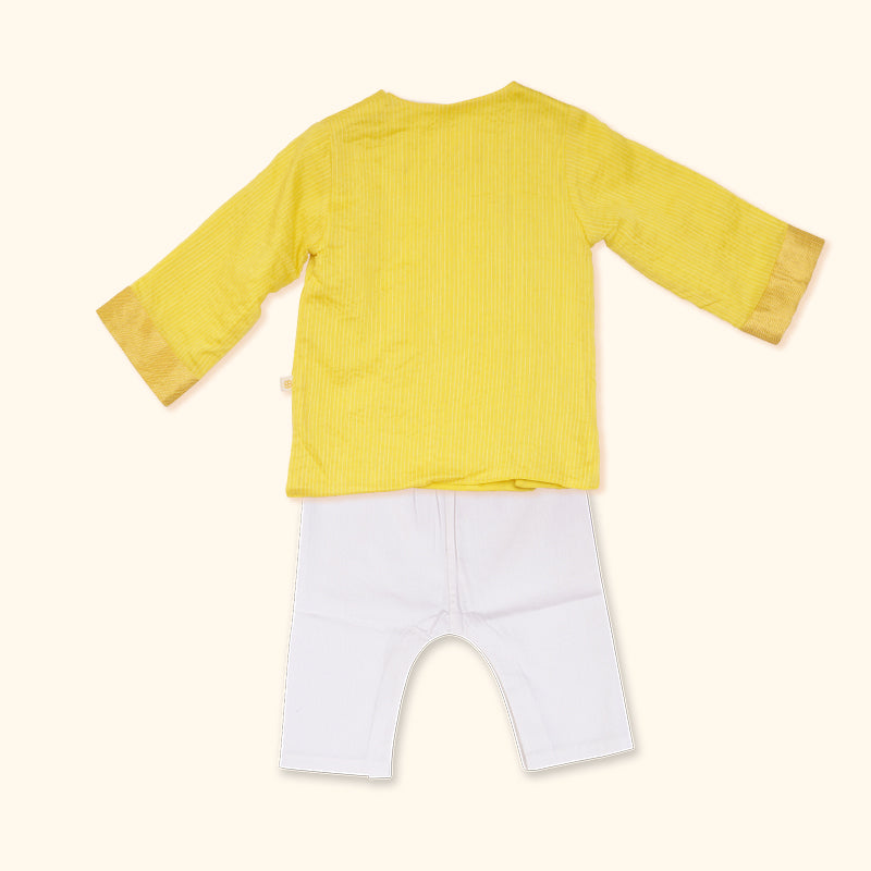 Baby Boy Maheshwari Handwoven Cotton Silk Short Kurta & Pant Set - Daffodil