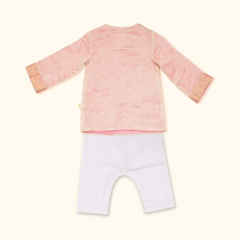 Baby Boy Maheshwari Handwoven Cotton Silk Short Kurta & Pant Set - Peony