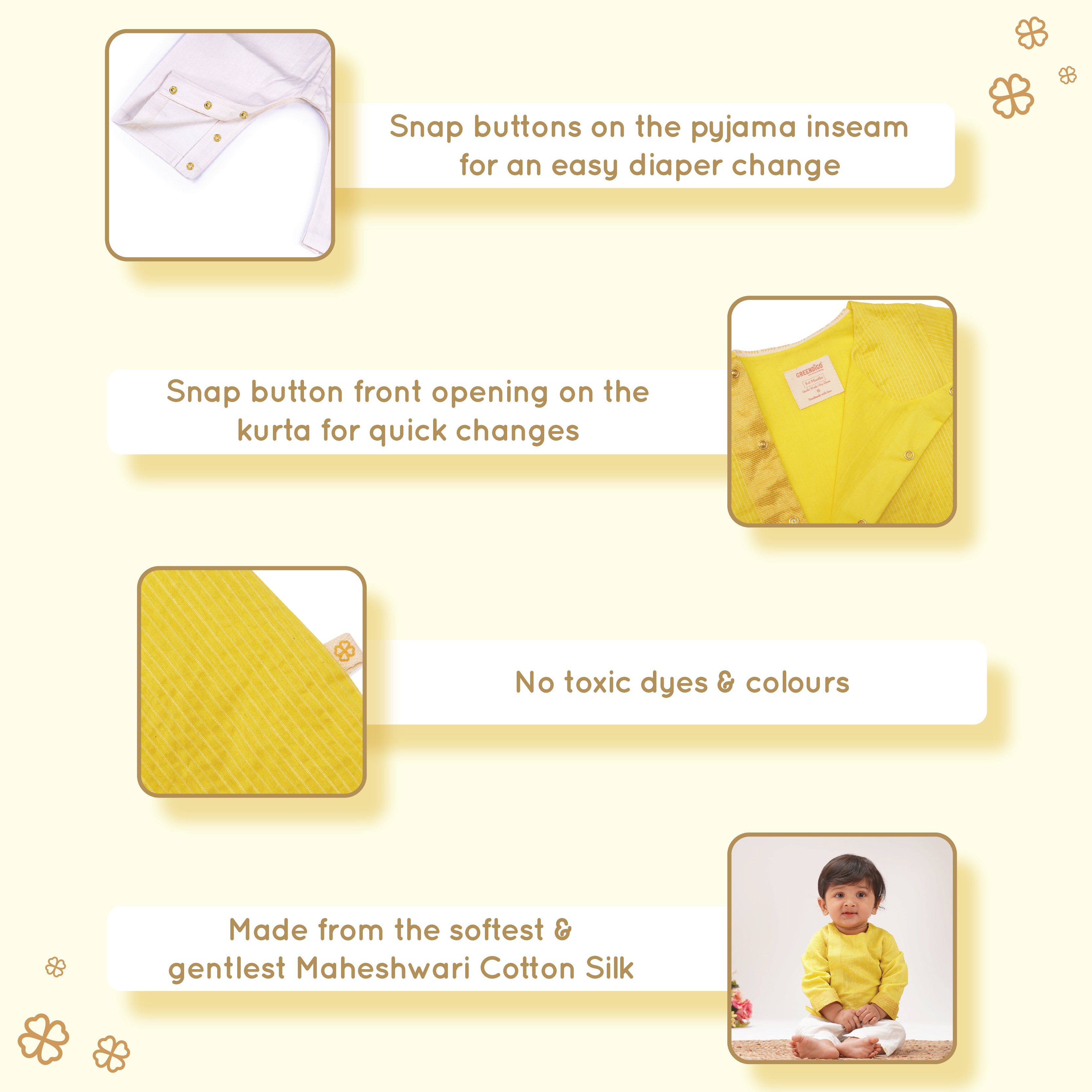 Baby Boy Maheshwari Handwoven Cotton Silk Short Kurta & Pant Set - Daffodil