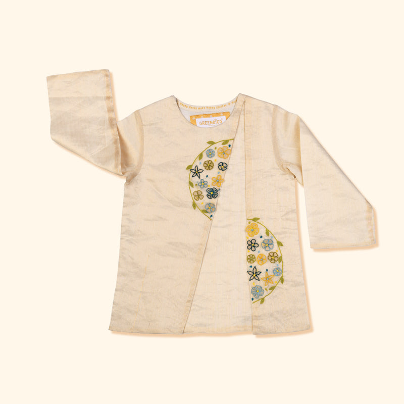 Baby Boy Maheshwari Handwoven Cotton Silk Short Kurta & Pant Set - Parijat
