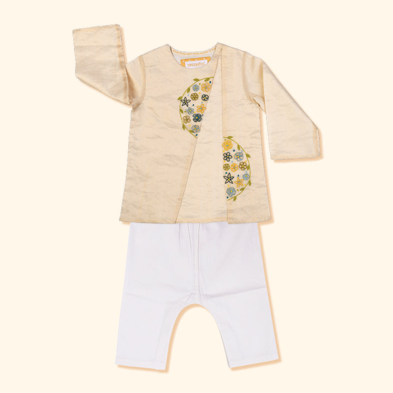 Baby Boy Maheshwari Handwoven Cotton Silk Short Kurta & Pant Set - Parijat