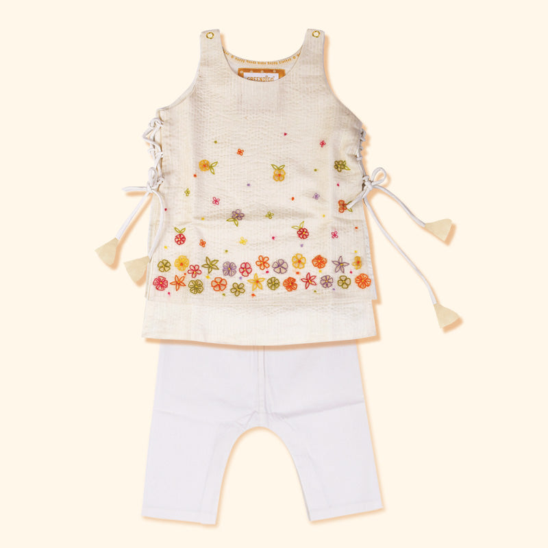 Baby Girl Maheshwari Handwoven Cotton Silk Kurta & Pant Set - Nargis