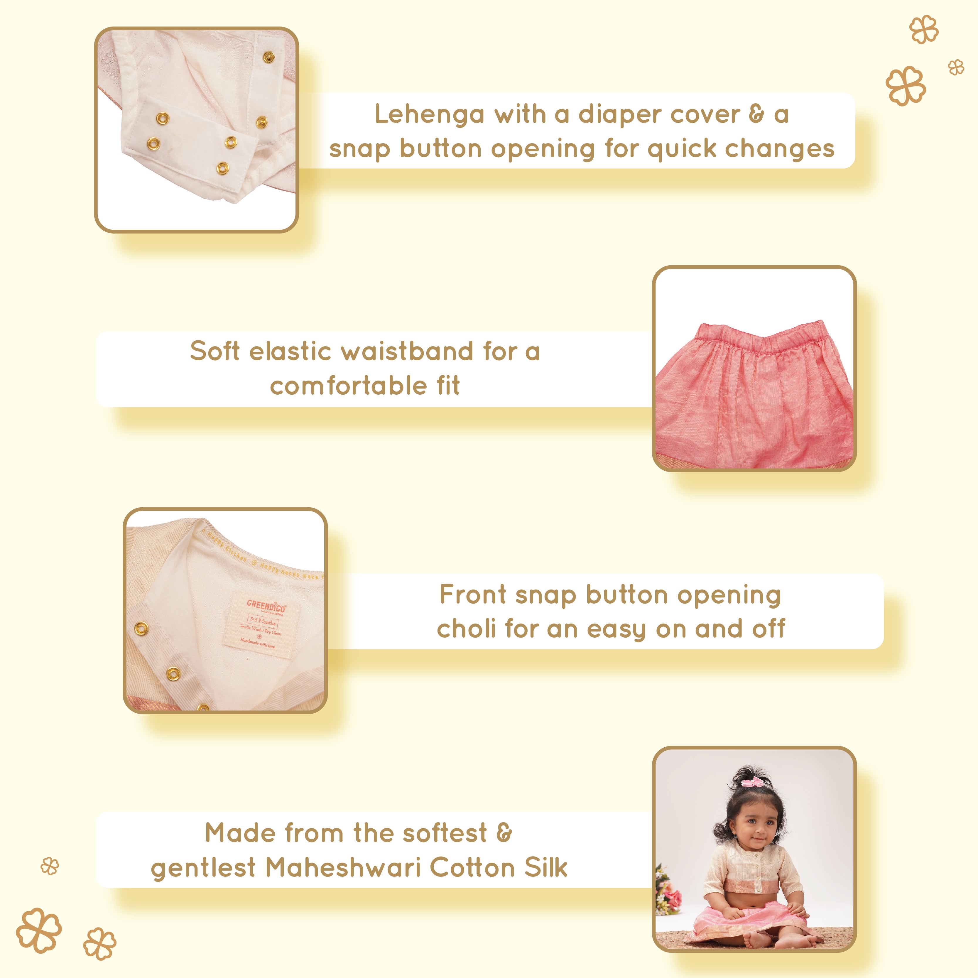 Baby Girl Maheshwari Handwoven Cotton Silk Lehenga Choli - Magnolia
