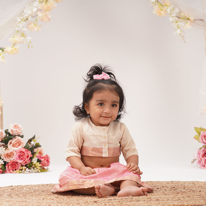 Baby Girl Maheshwari Handwoven Cotton Silk Lehenga Choli - Magnolia