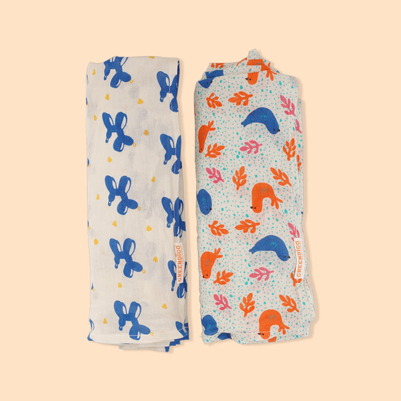Baby Muslin Swaddles - Blue Safari - Pack of 2
