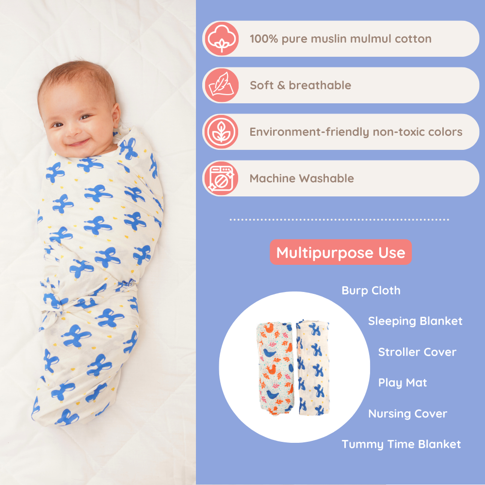 Baby Muslin Swaddles - Blue Safari - Pack of 2