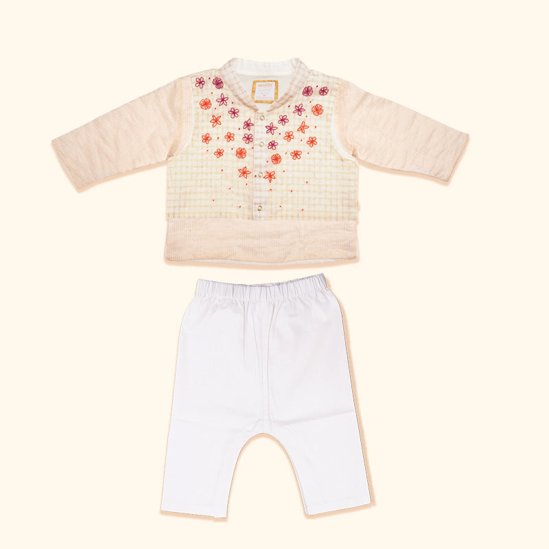 Baby Boy Maheshwari Handwoven Cotton Silk Kurta, Bundi & Pant Set - Genda