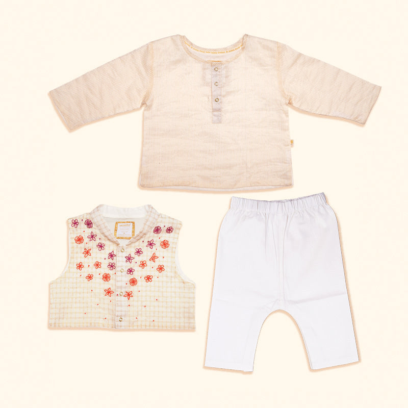 Baby Boy Maheshwari Handwoven Cotton Silk Kurta, Bundi & Pant Set - Genda