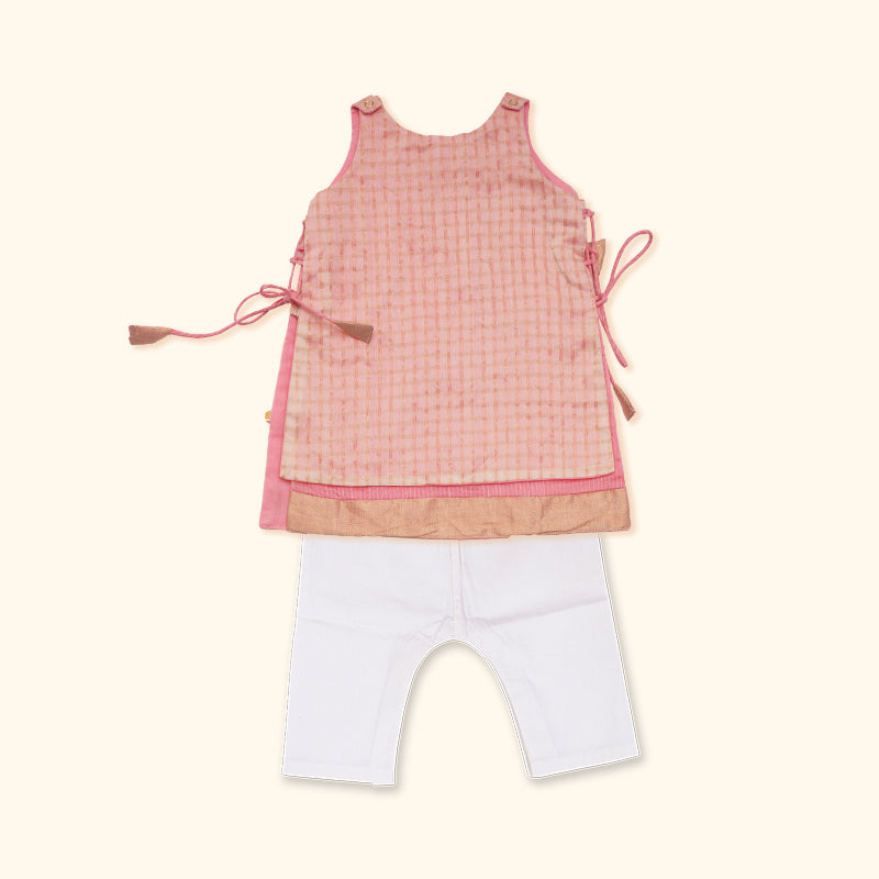 Baby Girl Maheshwari Handwoven Cotton Silk Short Kurta & Pant Set - Orchid