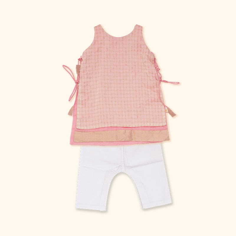 Baby Girl Maheshwari Handwoven Cotton Silk Short Kurta & Pant Set - Orchid